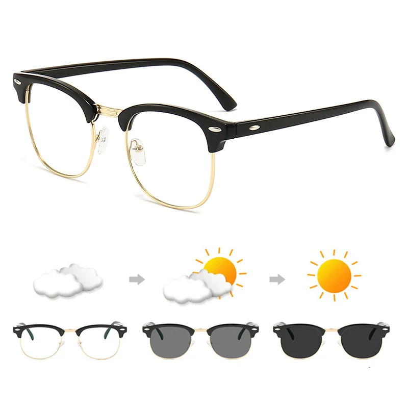 Classic Half Frame Photochromic Sunglasses Men Women Retro Rivet Chameleon Sun Glasses Male Fashion Change Color Driving Shades