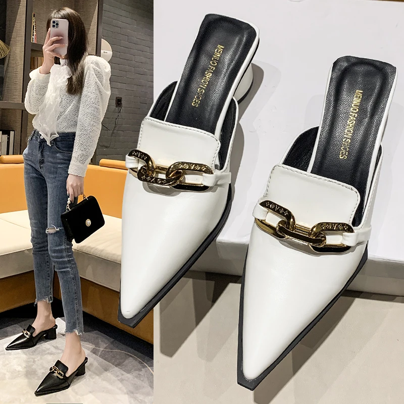 New Summer Luxury Women Black High Heels Slippers Close Toe Block Heels Mules Designer Slip on Loafers Slides Party Shoes