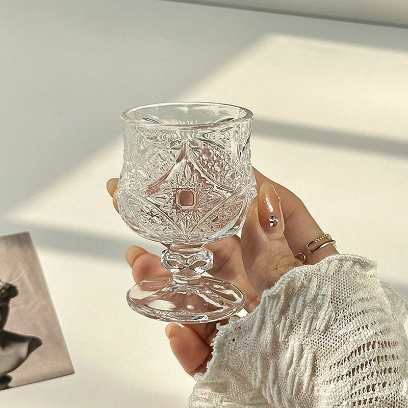 Korean Style Engraved Embossed Small Goblet Glass Cup For Soju Sake Liquor Short Stemmed Glass