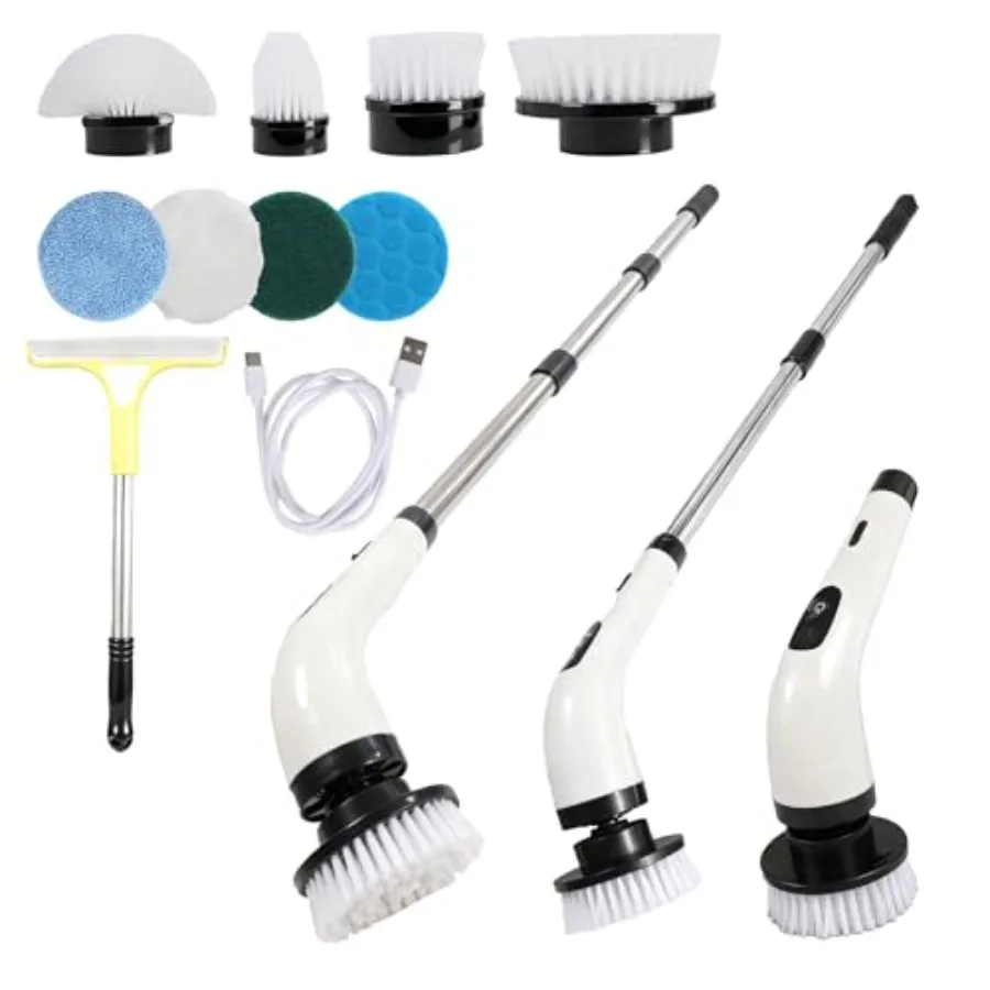 

Аккумуляторная электрическая вращающаяся щетка-скруббер, водонепроницаемая, с 7 насадками, 1 скребком для окон, 2 скоростями, регулируемой длинной ручкой