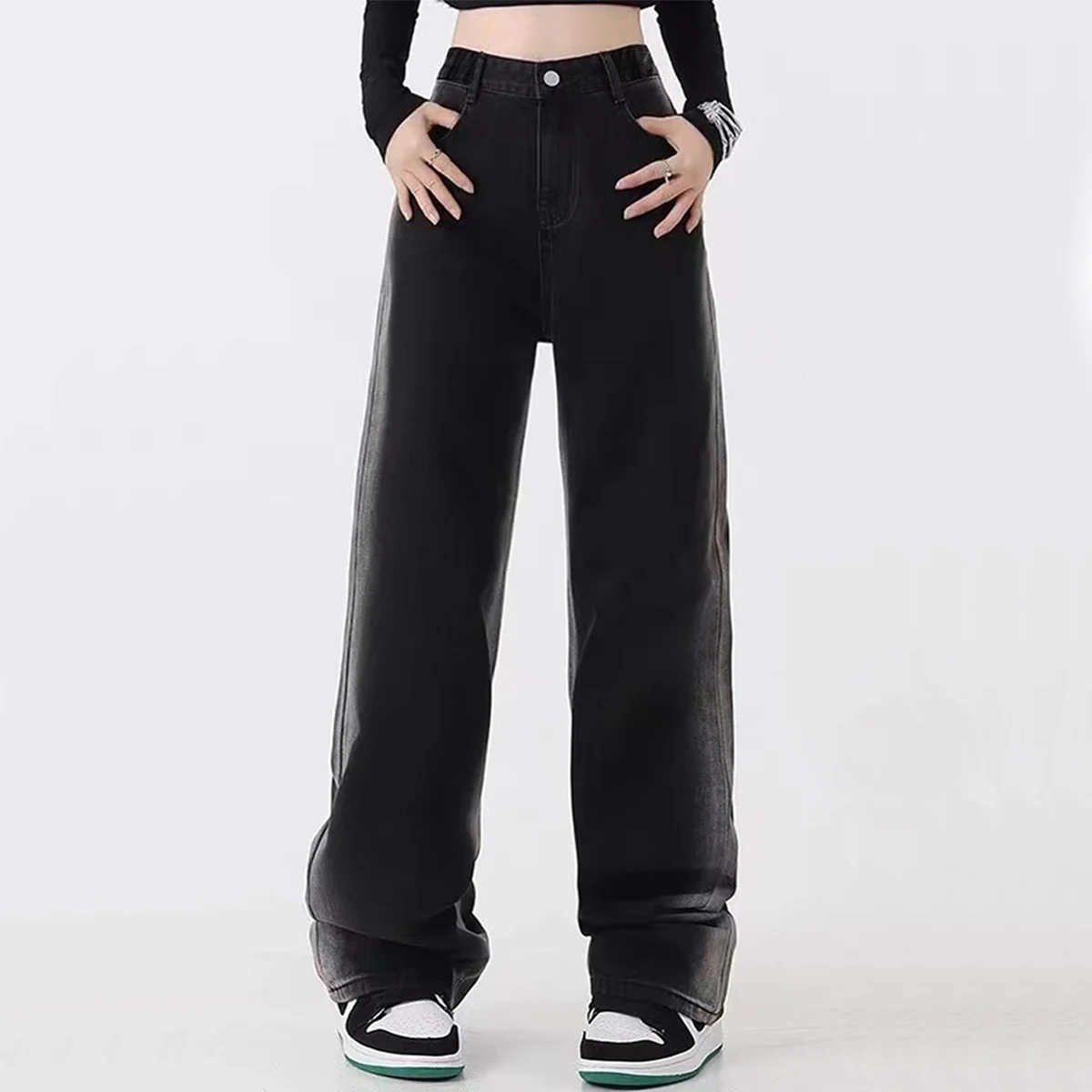 

Teenage Girl Washed Black Simple Loose-Fit Straight Leg Jeans - Relaxed Casual Versatile Long Denim Pants