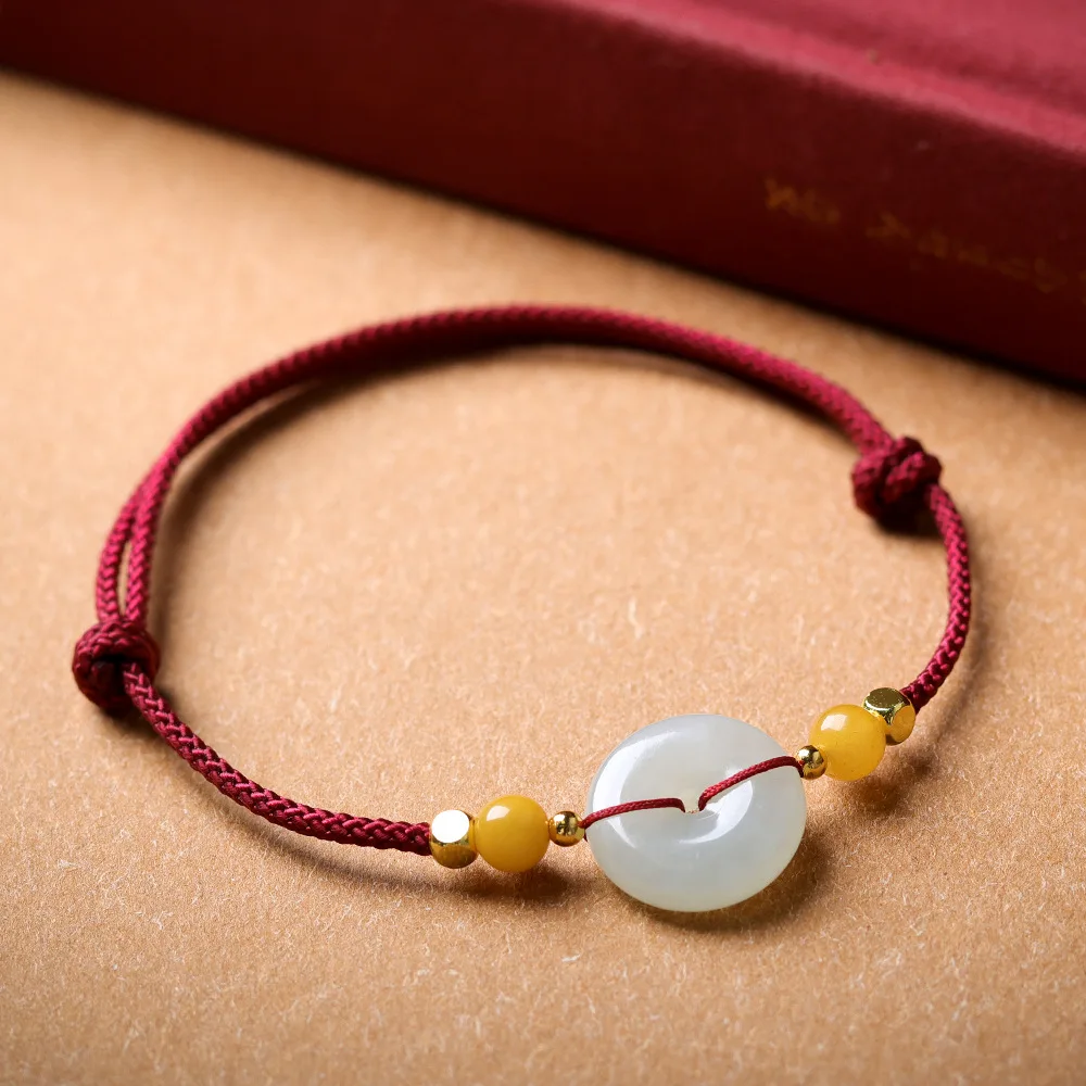 

Red Rope Bracelet Hand-Woven Hetian Jade Peace Buckle Red Rope for Men and Women Couple Gift Bracelet