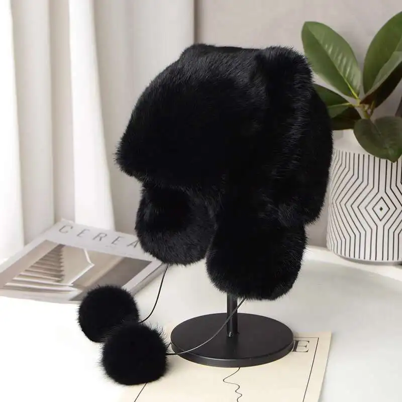 Real Rex Rabbit Fur Cat Cute Bear Ear Hat Outdoor Warm Ear Protection Cap Genuine Rabbit Fur Hat Fashion Cold-Proof Bomber Hatt