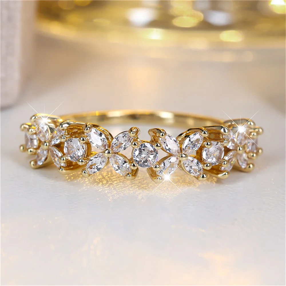Cute Female White Crystal Stone Flower Ring Gold Color Promise Engagement Wedding Jewelry For Women