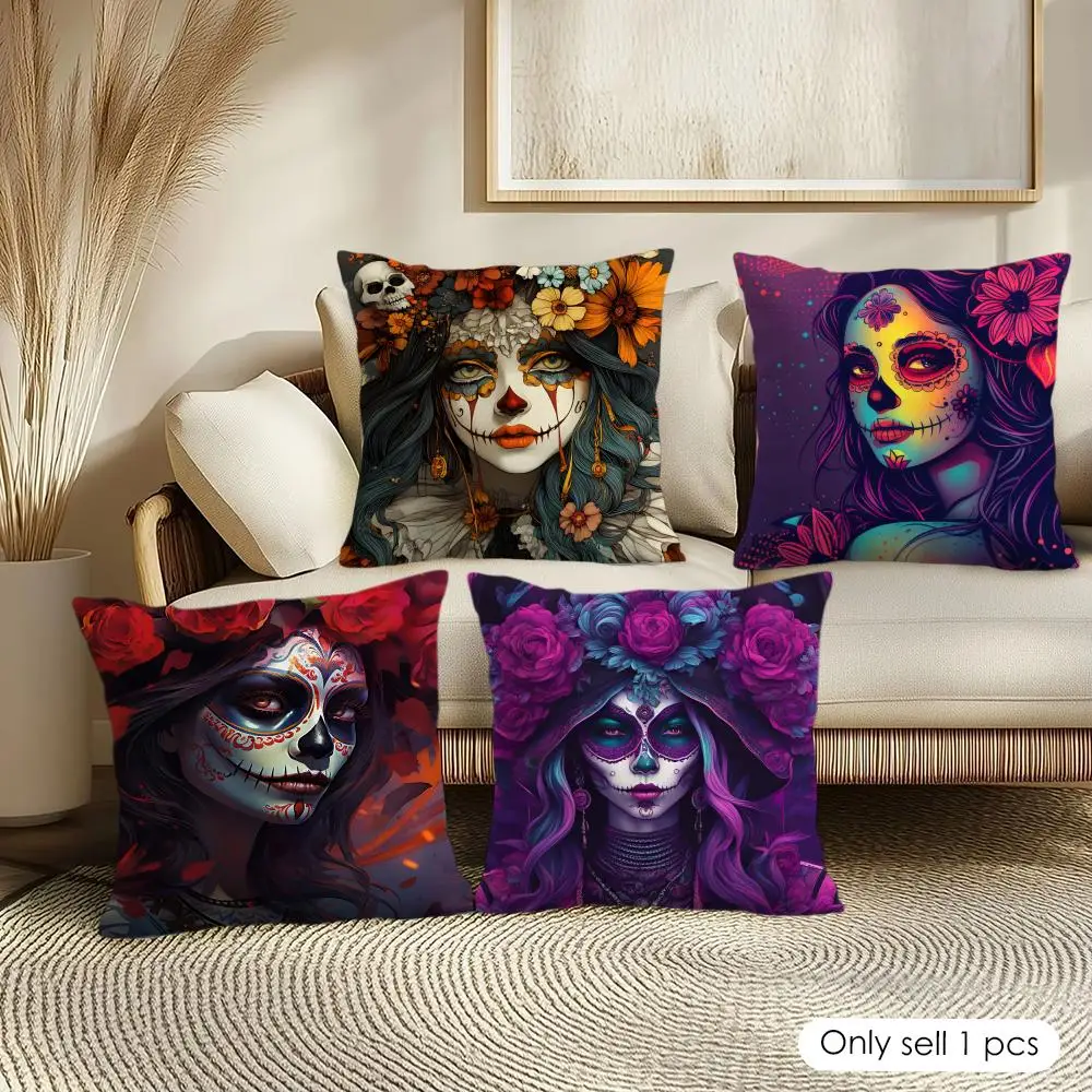 Sugar Skull Girl Cushion Cover Soft Short Plush Pillow Cover Smooth Cozy Texture Aesthetic Cushion Case Home Decor