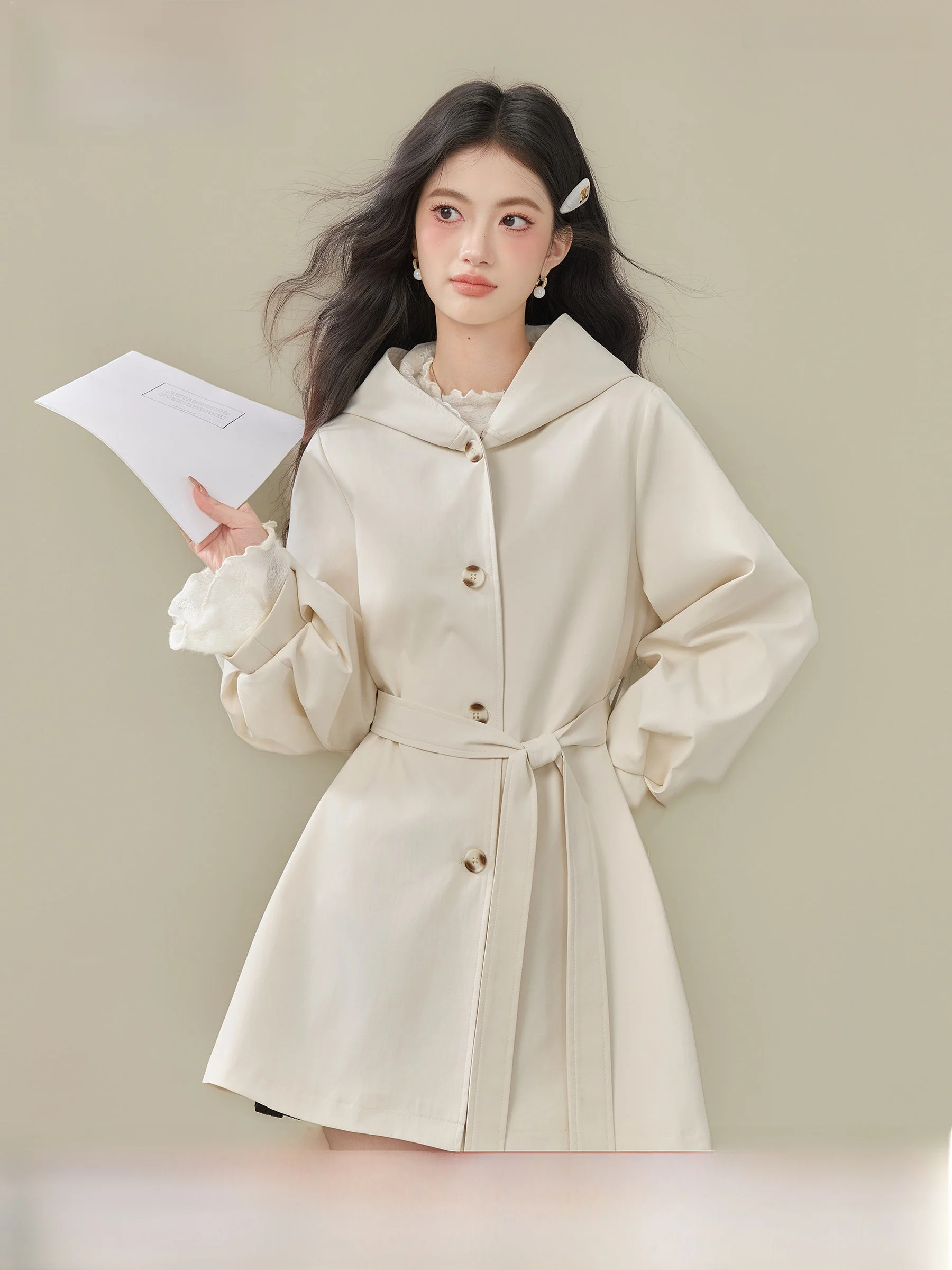 

Lingjiu ort Belted Waist Coat Women's Autumn Faion Outerwear Hooded Windbreaker Jaet Sli Cact Size Polyester Fiber