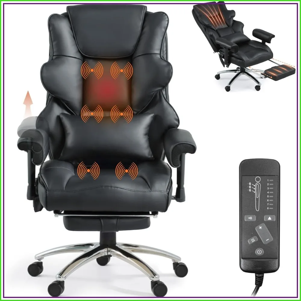 Vibration Massage Heated Office Desk Chair with Foot Rest, Black