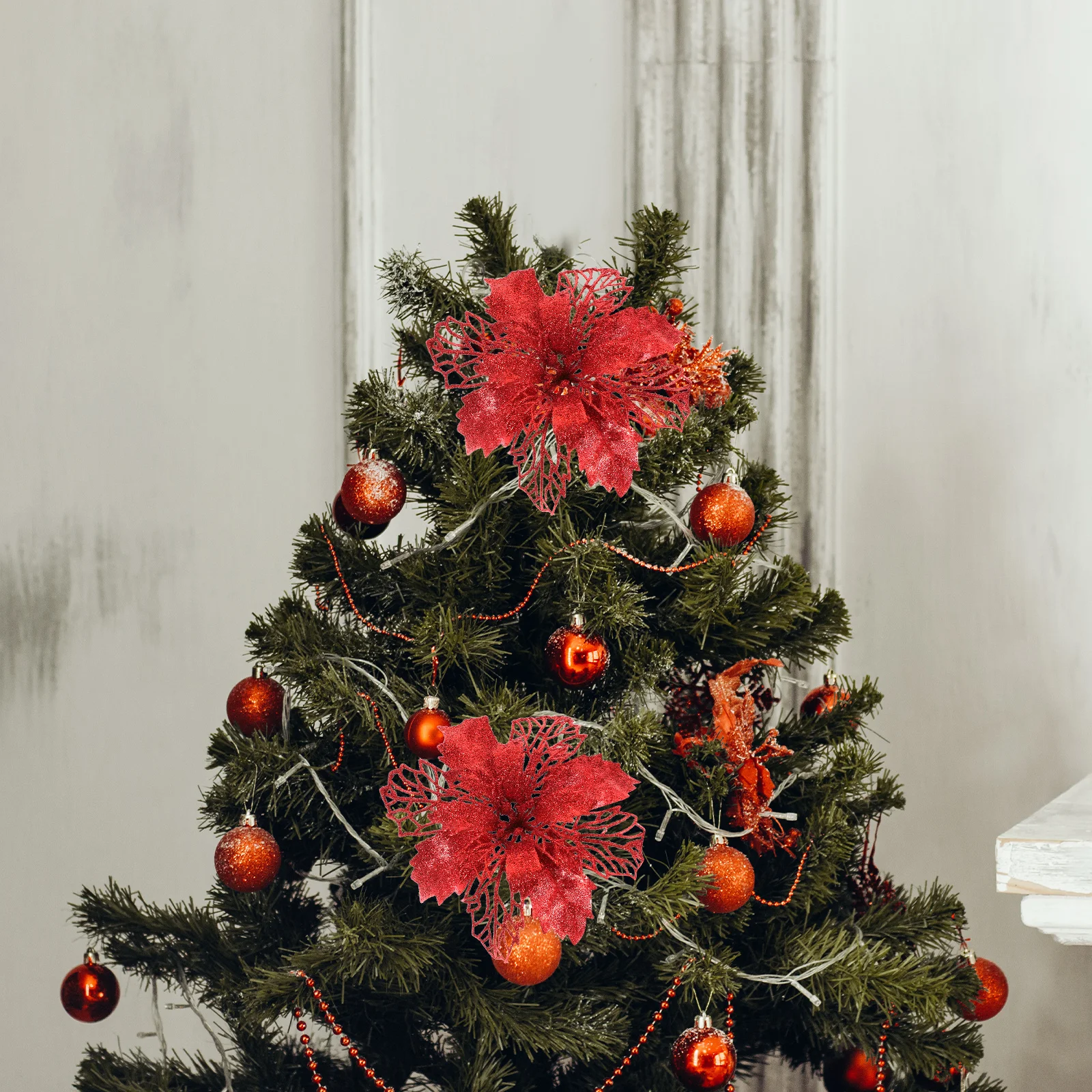 

6Pcs Artificial Red Poinsettia Flowers Glitter Christmas Tree Decorations Wreath Garland Outdoor Holiday Decor