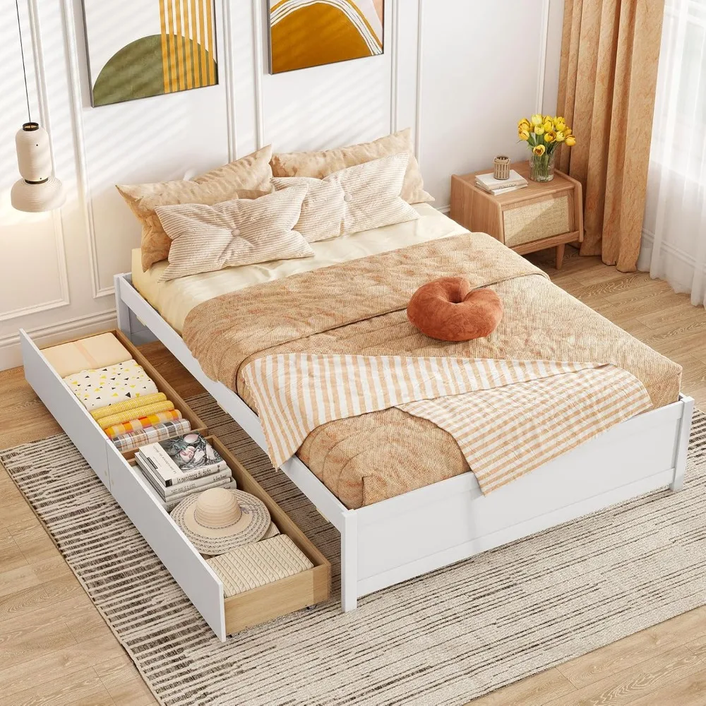 

Full Size Bed Frame with 2 Storage Drawers, Solid Wood Platform Bed with Slats Support, Heavy Duty Daybed with Storage