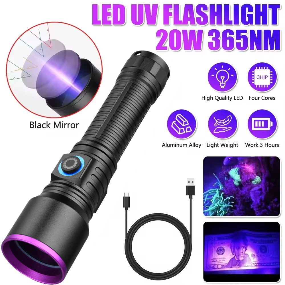 20w-uvブラックライト-365nm-ウッドランプ-usb充電式-フィルター付きled紫外線懐中電灯-ペットの尿、岩石、宝石、お金検出器