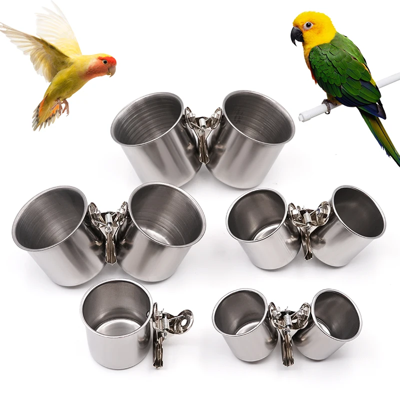 Bird Feeding Double Cups with Clip Stainless Steel Bird Feeder Box Parrot Cage Stand Feeder Cups Bowls For Food Water Feeding