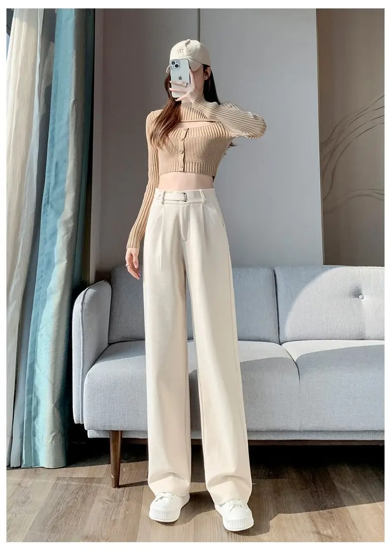 Brown Woolen High-end Suit Pants for Women in Autumn and Winter 2023 New Narrow Version Straight Wide-leg Pants with Drape