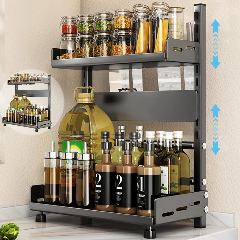 

New 2/3 Tier Adjustable Spice Rack Metal Countertop Organizer with Knife Holder Rust Proof for Kitchen Cabinet Counter Storage