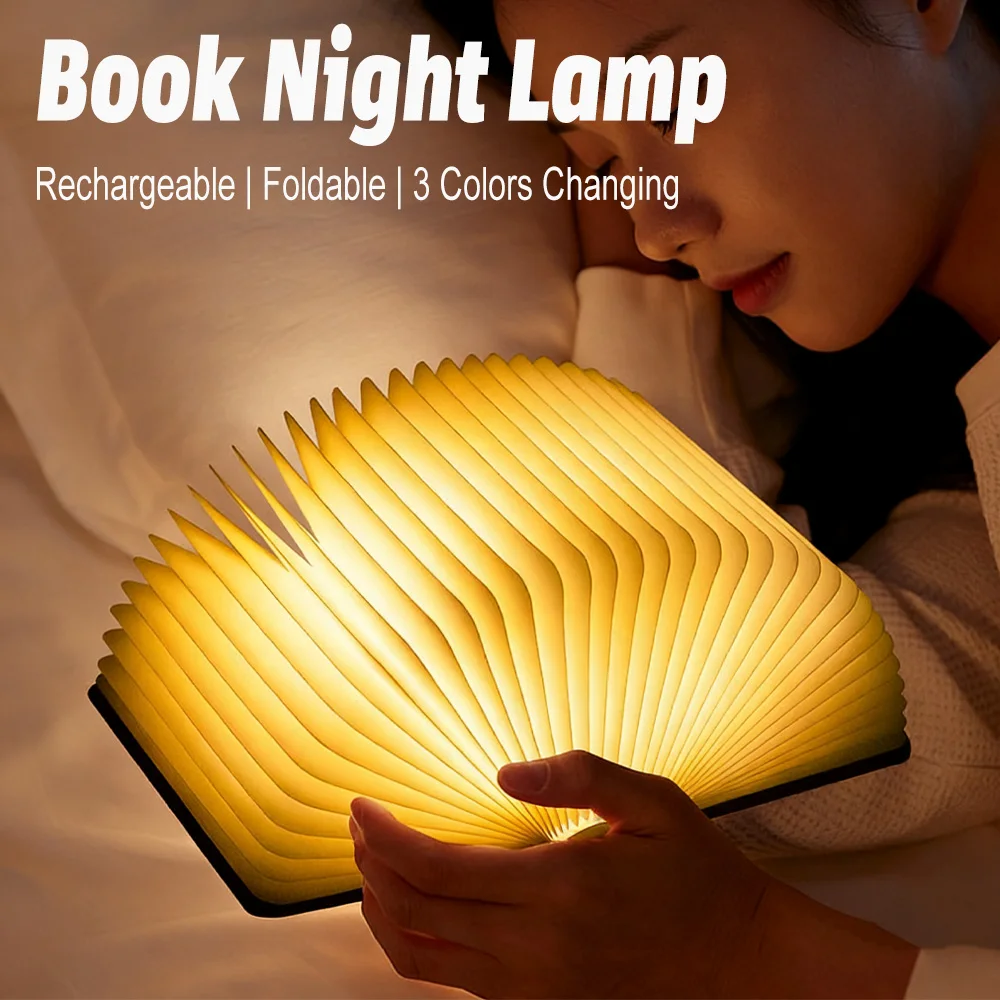 

Светодиодная деревянная книжная лампа, детская лампа для чтения, USB прикроватная настольная лампа, 3-цветная спальня, художественный декор, ночник для детей, подарок на день рождения