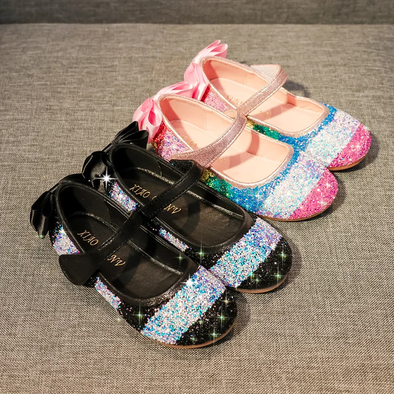 Picture 7: Kids Shoes Girls 2025 New Spring Princess Flat Party Dancing Shoes Rainbow Sequins Children Girls Shoes with Bowtie 24-38 CSH985