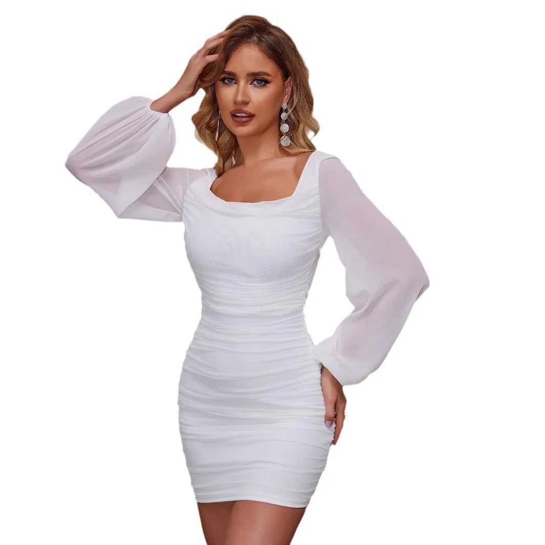 2025 robe blanche femmes 2025 automne hiver maille à manches longues à la mode Sexy coupe ajustée coupe basse robe moulante