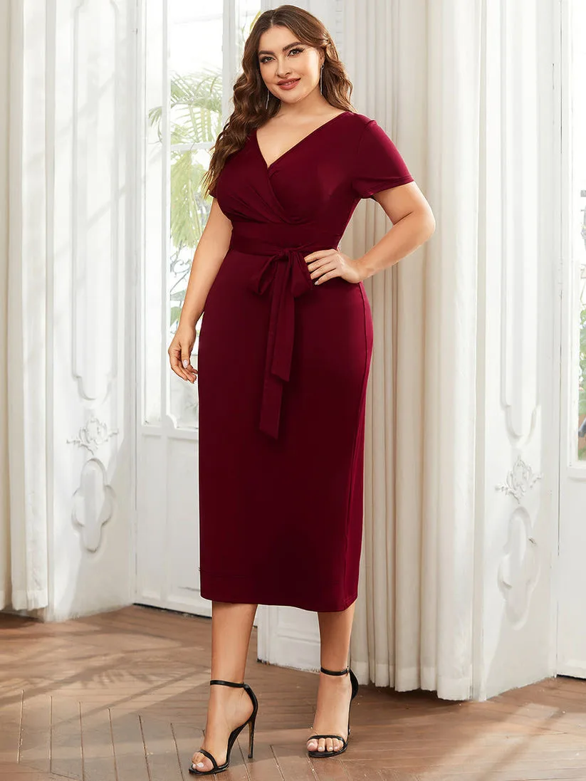 Plus size duża elegancka sukienka damska jednolity kolor dekolt w serek mikroelastyczny kolano dopasowana sukienka imprezę