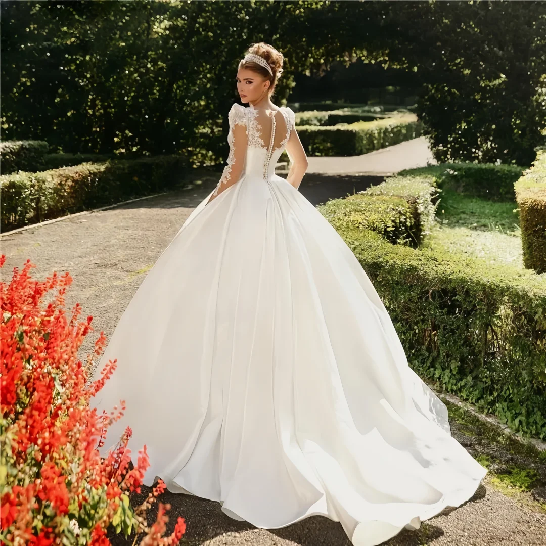 Robe de mariée princesse en Satin personnalisée, robe de bal à manches longues, robes de mariée de fête