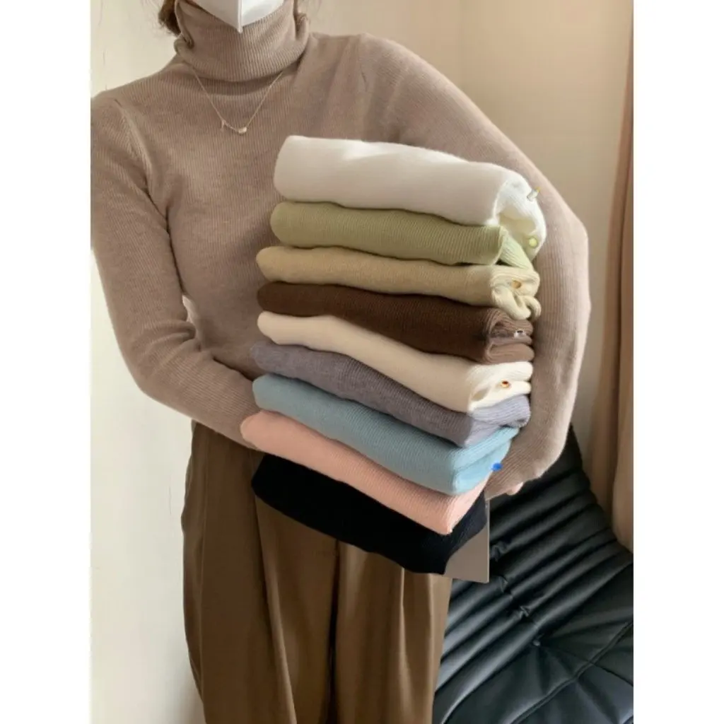 

Kaning Women's Pure Color Pile Collar Sweater Sweet Style Knitted Shirt Inner Wear for Autumn Winter