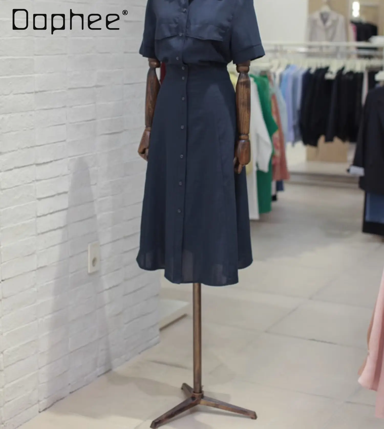 ファッションシングルブレストシャツ半袖ドレス女性の夏の新しい通勤スタイルエレガントなハイウエスト痩身カジュアルドレス