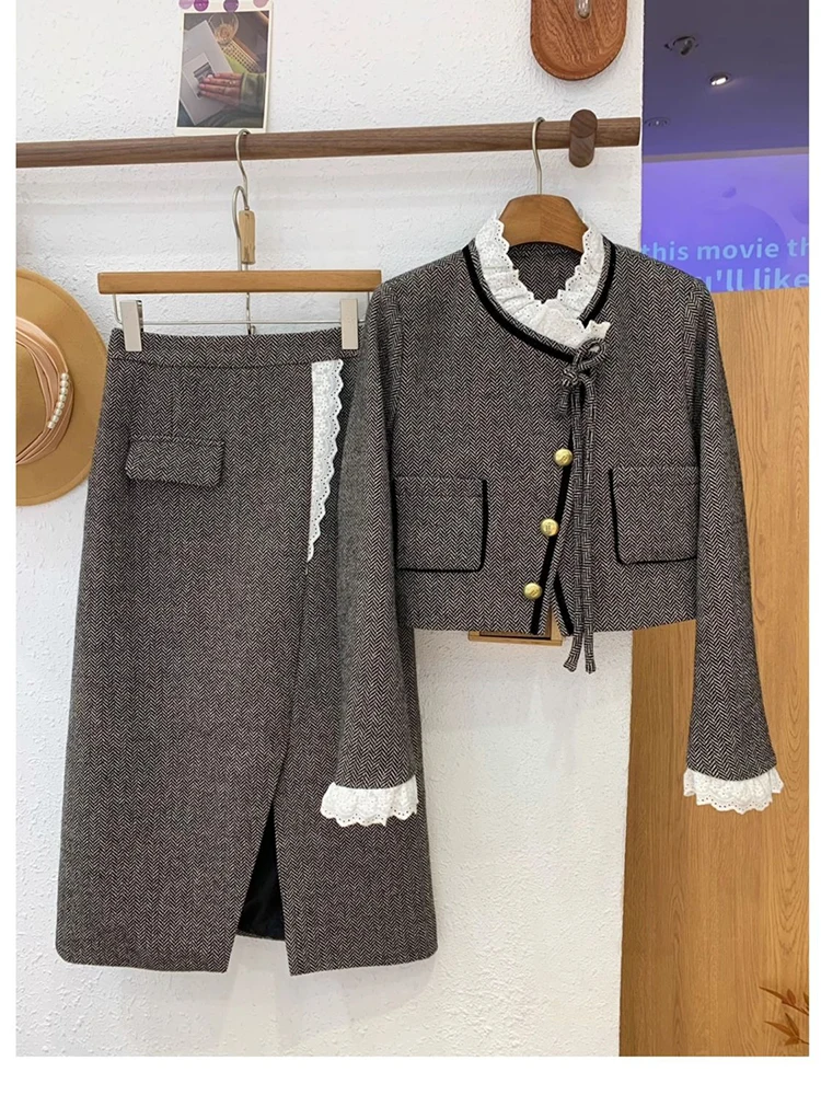 Autumn Two Piece Skirt Set Lace Patchwork Jacket+half Skirt Two-piece Set for Women's Woolen Jacket with Long Skirt