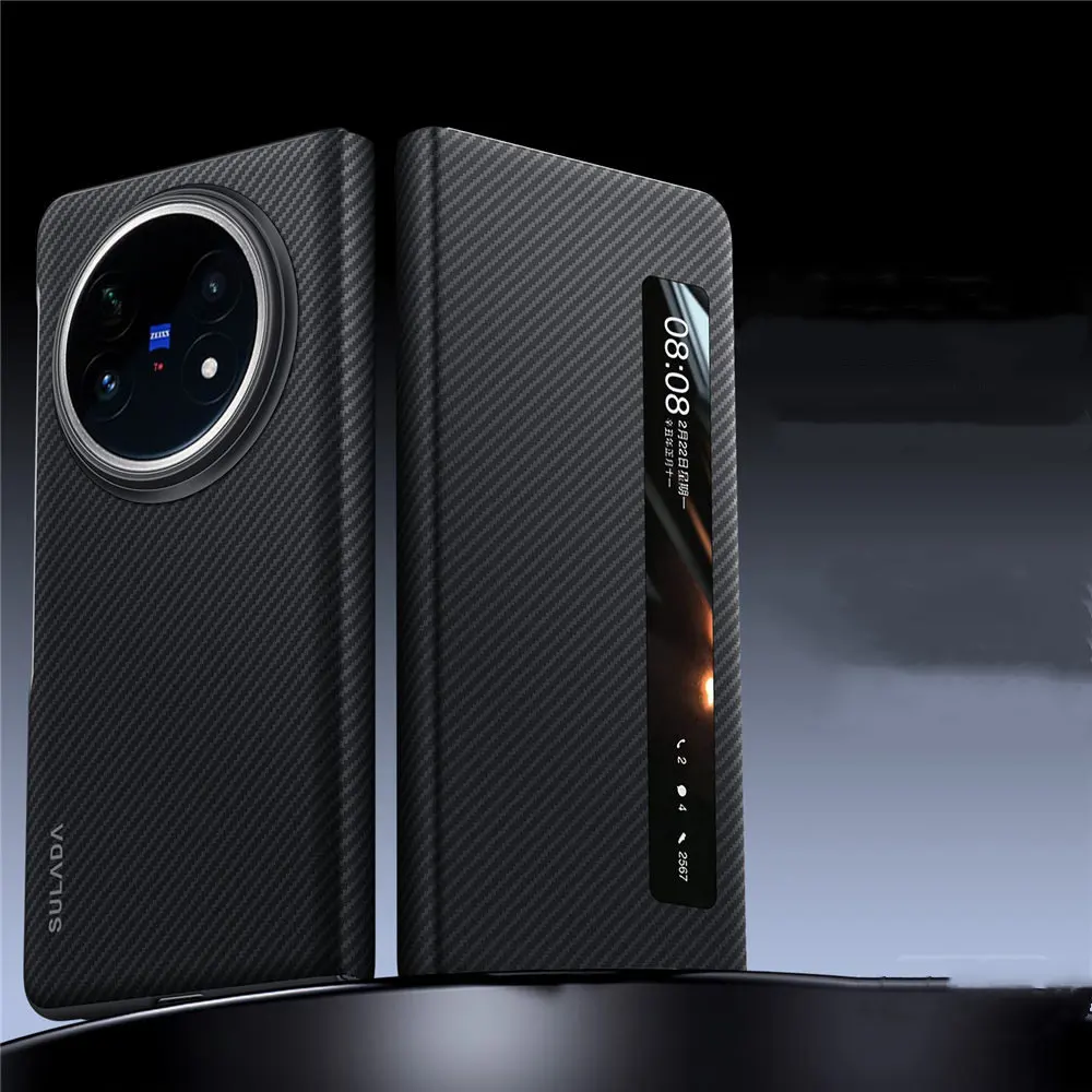 

Магнитный кожаный флип-чехол с рисунком арамидного волокна 600D для Vivo X Fold5, чехол с видом на окно