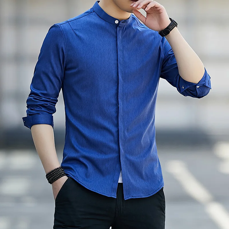Korean Stand Collar Shirts All-match Solid Color Spring Autumn Commute Single-breasted Men\'s Clothing Casual Long Sleeve Shirts