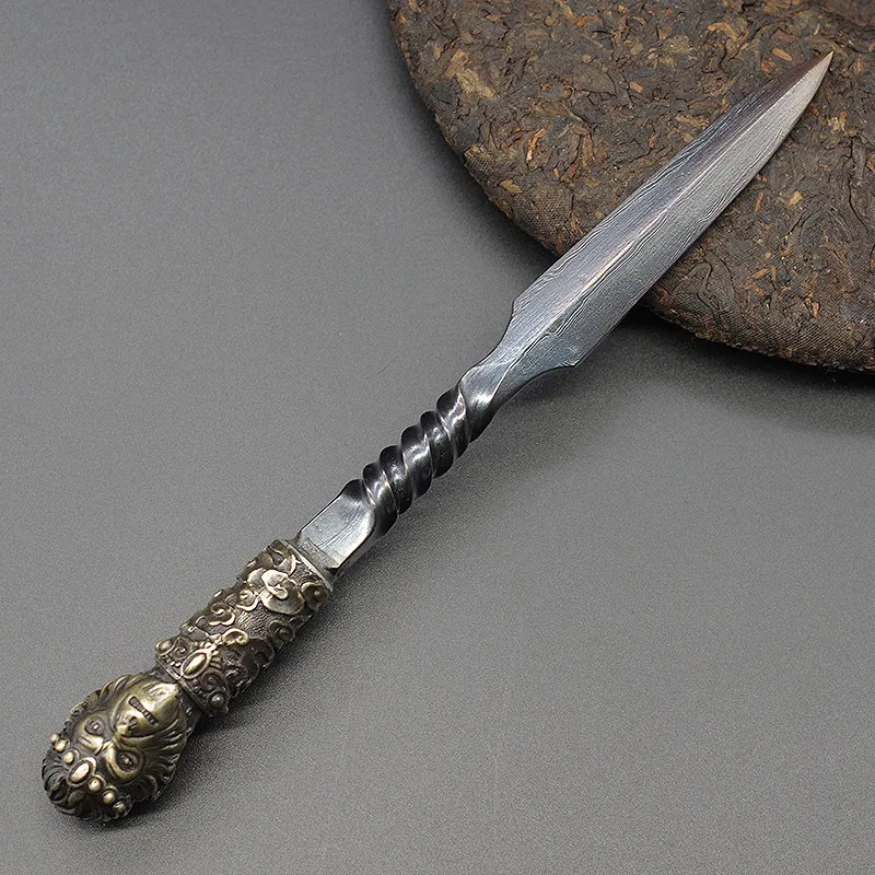 Longquan hand-forged Damascus steel  copper-handled black tea Pu-erh knife, a specialized tool for opening tea cakes