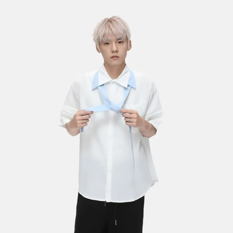 

SYUHGFA Men's Short Sleeve Shirt With Belt Casual Loose Fit Turn-down Collar Solid Color Male Top 2025 Summer New Fashion Trend