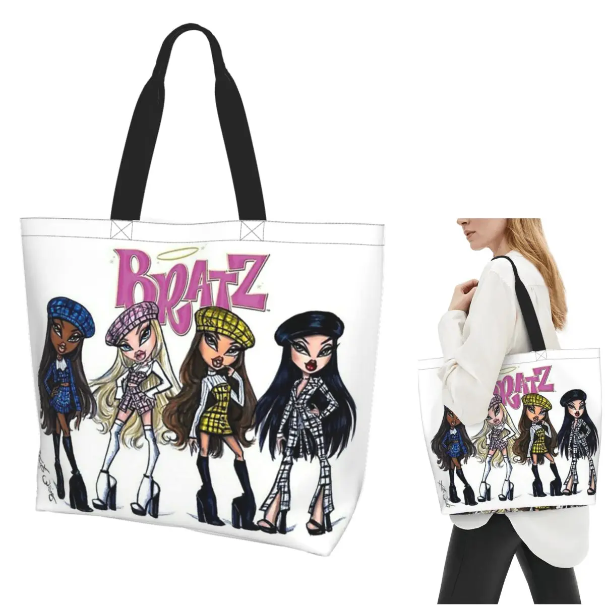 

Кукла Bratz Rock Angelz, сумка-тоут для покупок, парусиновая сумка на плечо большой вместимости, продуктовая сумка для женщин