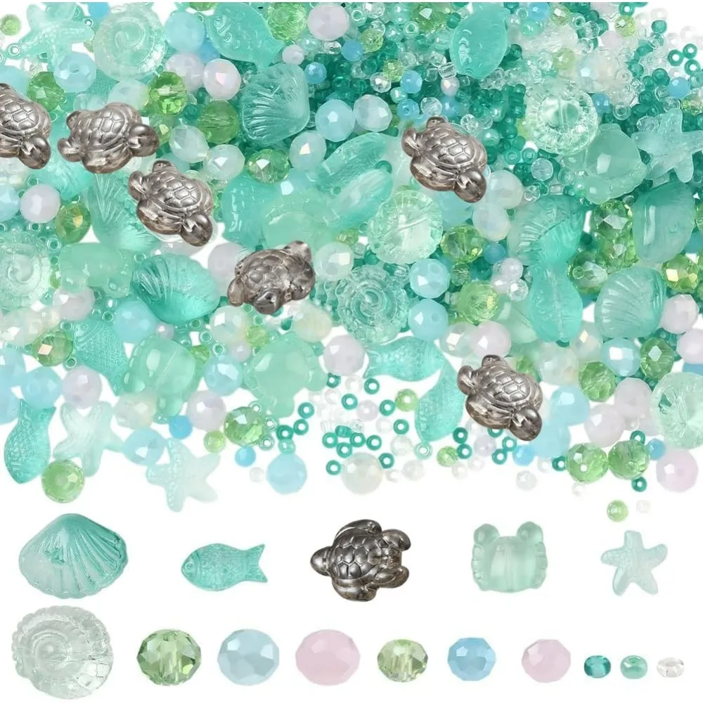 

1 Box 953pcs Bead Kit Fish Ocean Glass Beads Transparent Summer Hawaii Sea Life Ocean Fish Starfish Turtle Animal Loose Spacers