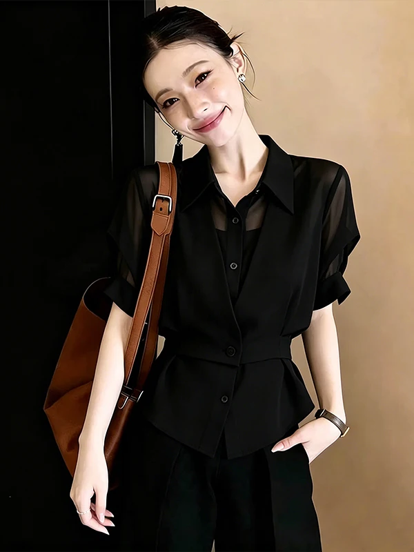 

plus Size Women's Shirt Black Slimming Waist Design Commute Style Short Sleeve Flip Collar Breathable Comfortable Casual Top