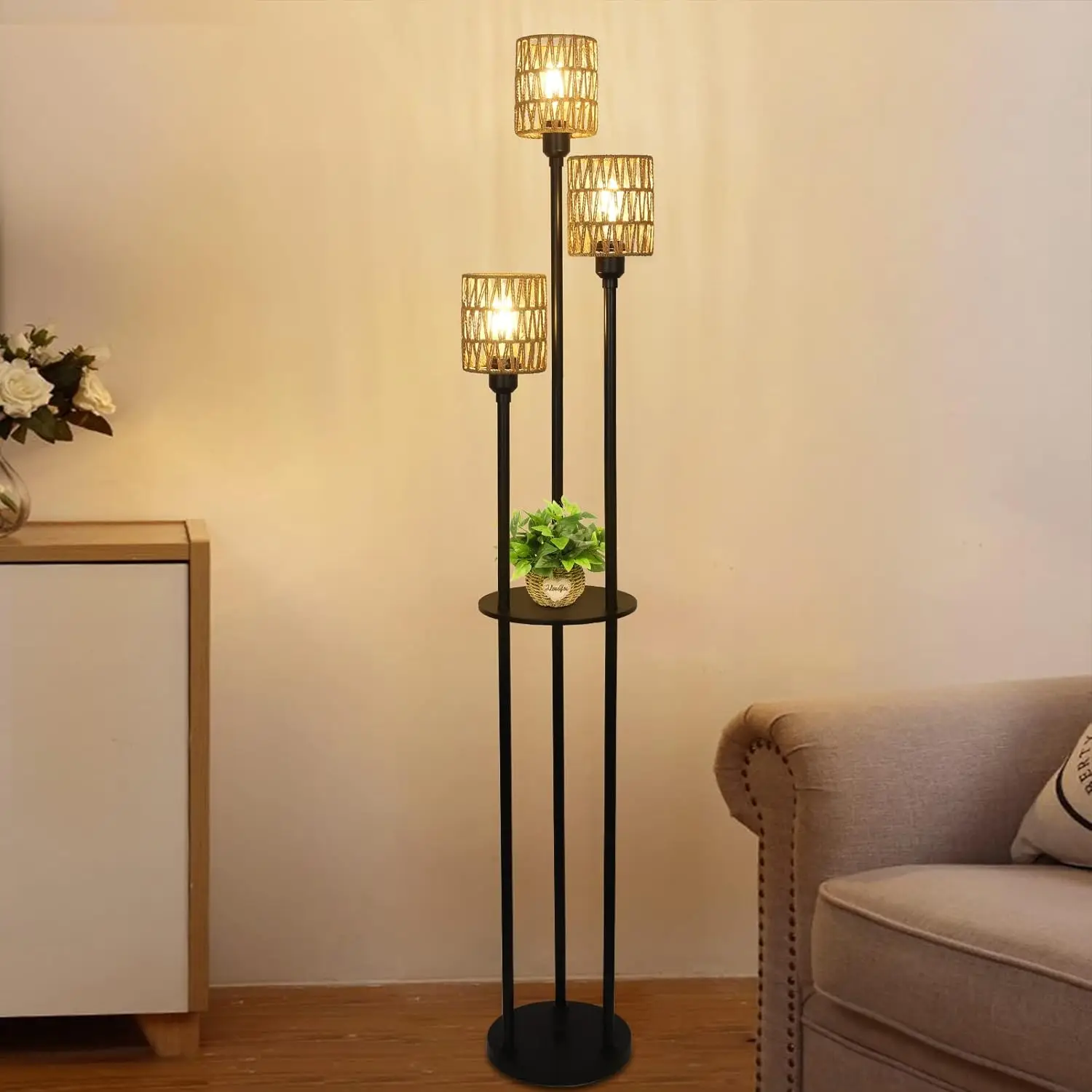 Bohemian style floor lamp with shelf, farmhouse rustic rattan standing lamp, suitable for living room, bedroom, office.