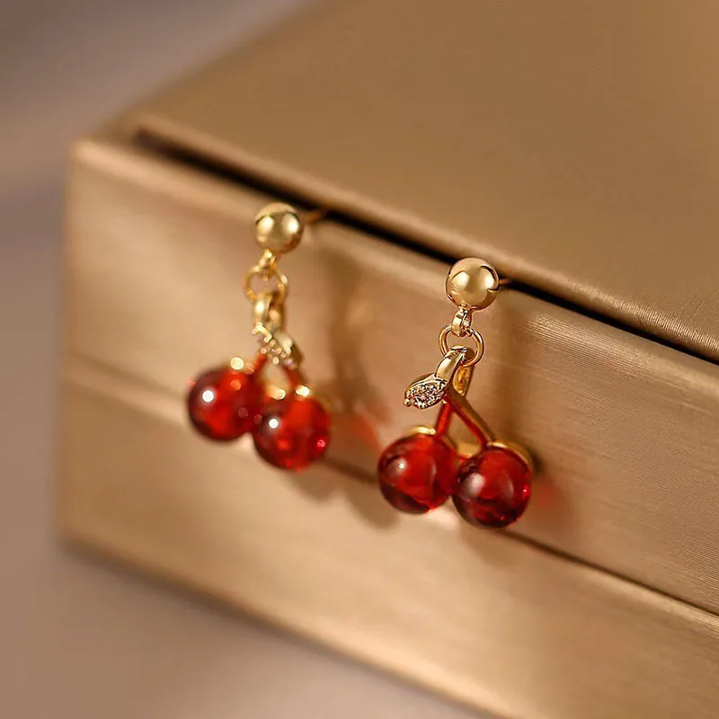 Juego de collar y pendientes con colgante de color dorado cereza roja vino para mujer, collar de moda con personalidad, joyería de boda, regalos de cumpleaños