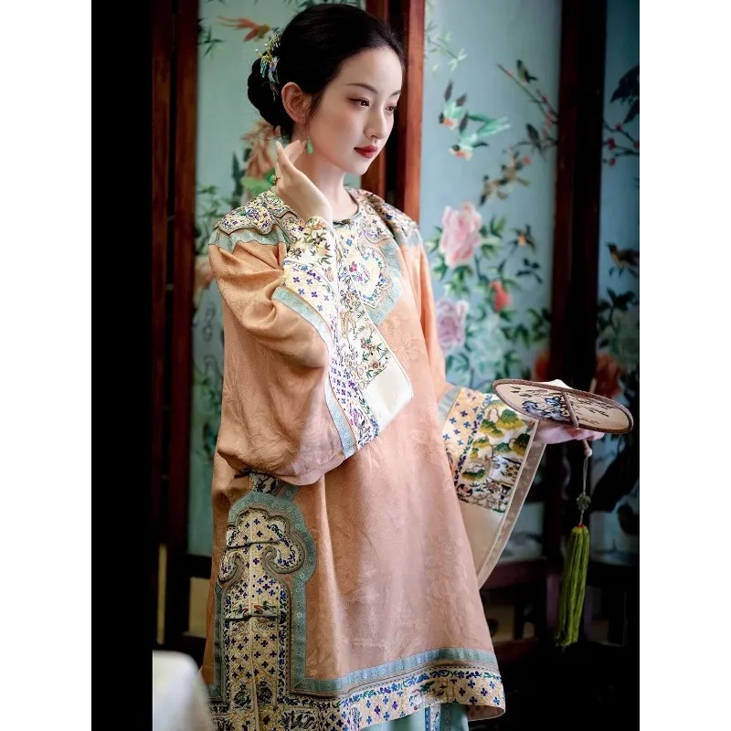 Chinese Traditional Qipao Dress Yellow Jacquard Crewneck Long Sleeved Top Green Printed Horse Faced Skirt Women Modern Cheongsam