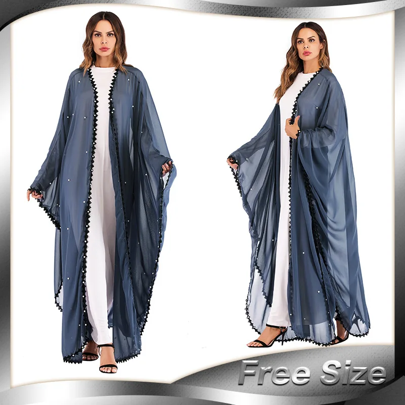 

Muslim Women Lace Splicing Beads Loose Lace-up Long-sleeved Cardigan Robe Abaya Solid Color Loose