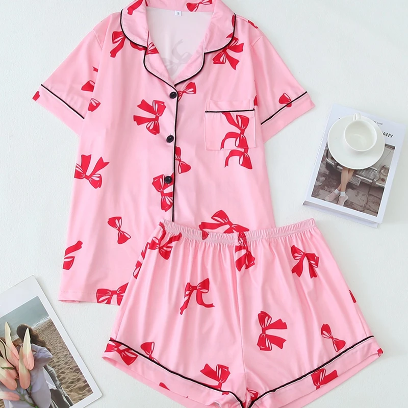 

Женский милый пижамный комплект с бантом и принтом, повседневный топ с короткими рукавами и лацканами, мягкие эластичные шорты, дышащая ткань для летней одежды для сна