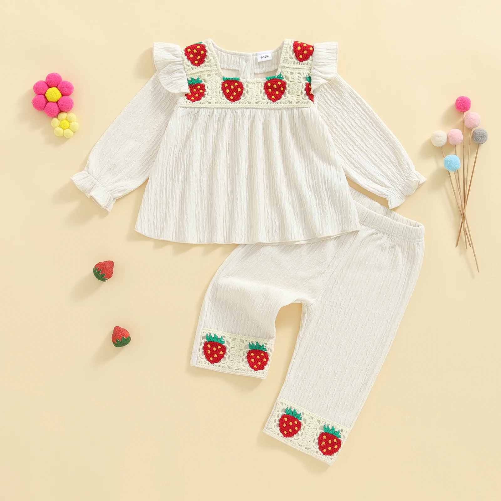 

Baby Girl 2Pcs Fall Outfits Ruffle Long Sleeve Strawberry Embroidery Tops + Pants Set Toddler Clothes