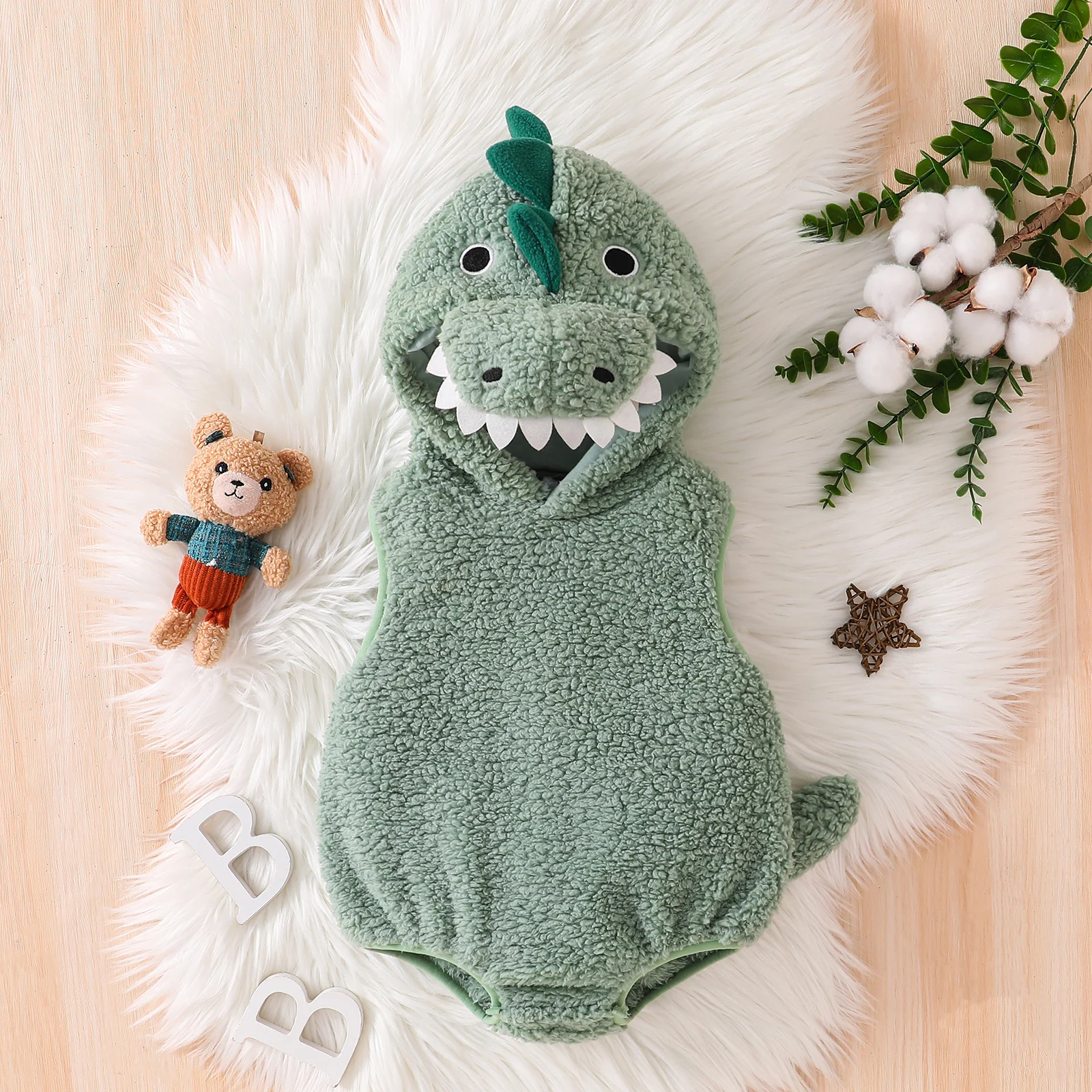 

Baby Halloween Dinosaur Costume Plush Sleeveless Hood Romper Party Funny Clothes