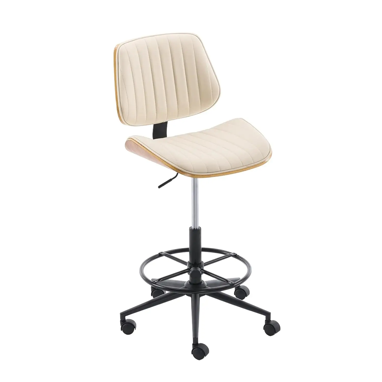 Armless Drafting Chair with Bentwood Backrest, Adjustable Height, Footrest Ring, Swivel PU Seat for Standing Desk, Customized