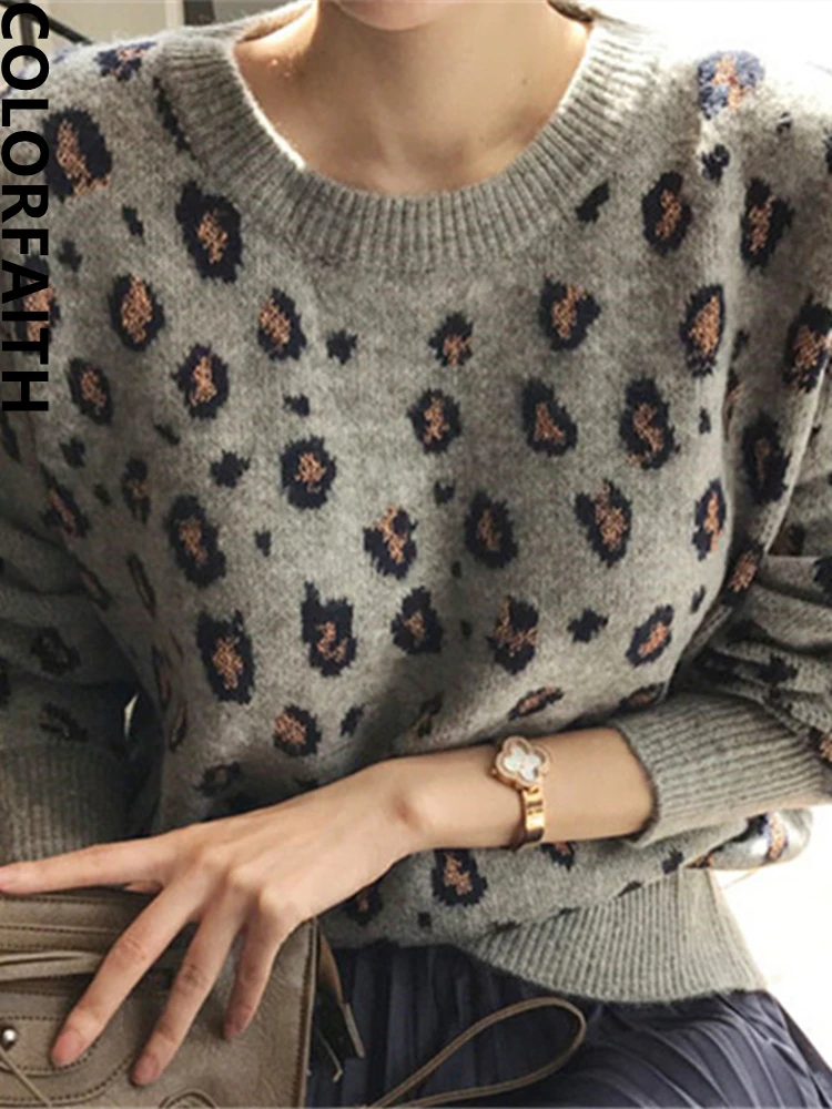 Colorfaith SW9539 New 2023 Autumn Winter Women\'s Sweaters Pullovers Leopard Korean Style Knitted Oversize Female Wild Jumpers