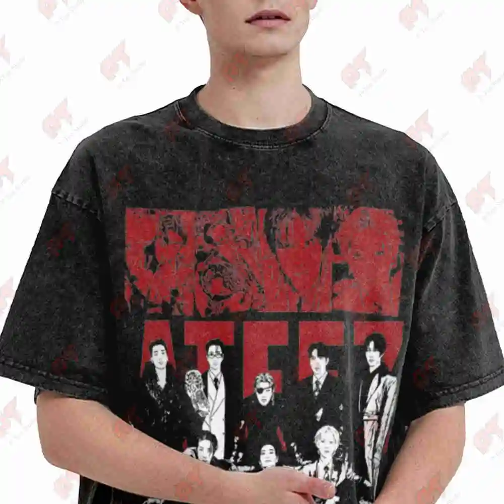 Ateez Kpop Fantasy World Golden Hour Vintage Washed Tee Pure Cotton T-Shirt