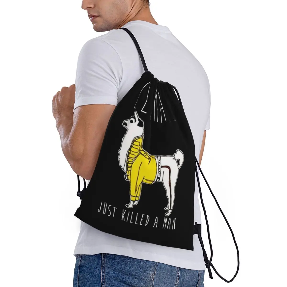 Custom Name Waterproof Outdoor Beach Swimming Sports Drawstring Backpack LLAMA JUST KILLED A MAN Organizer Gym Storage Bag