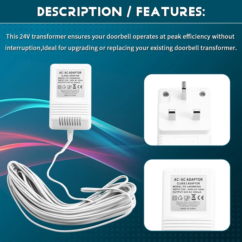 24V Doorbell Transformer Adapter  For Video Doorbells Enhanced Performance & Easy Installation UK Plug