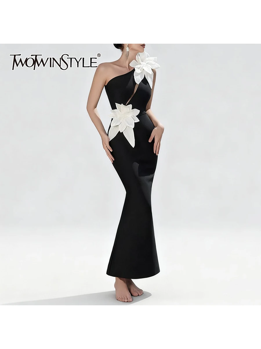 

TWOTWINSTYLE модные элегантные длинные платья с 3D цветами для женщин диагональный воротник без рукавов ажурное сексуальное женское платье