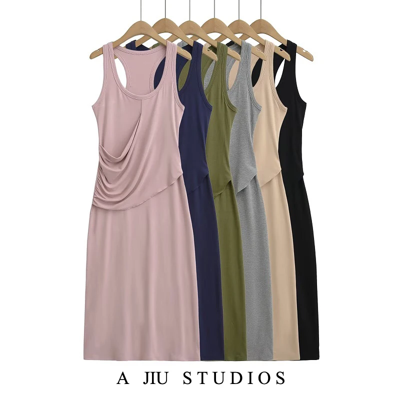 

Slimming Pleated Strapl Knitted Long Dr Women's Summer Svel U-Ne Knitwear Vest Dr Sweet And Spicy Sle