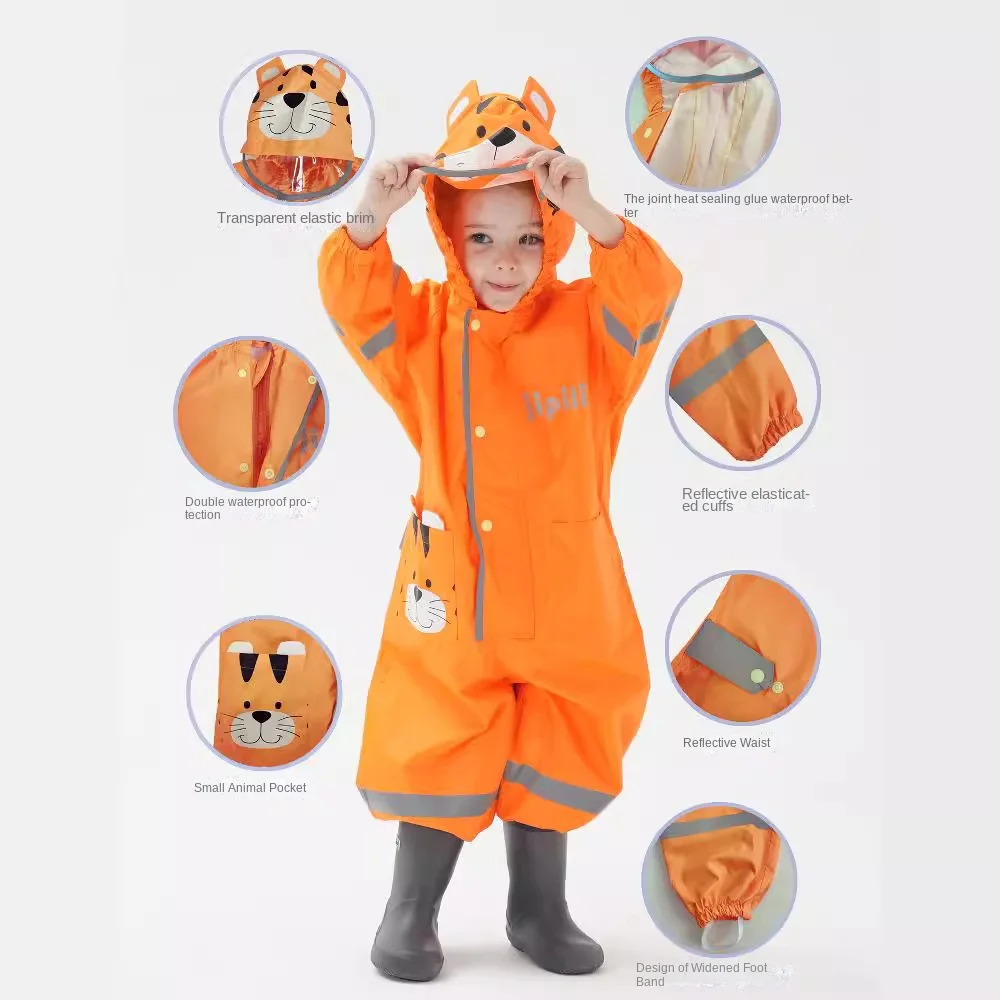 Children's one-piece raincoat fashion cute three-dimensional raincoat with visor reflective baby poncho