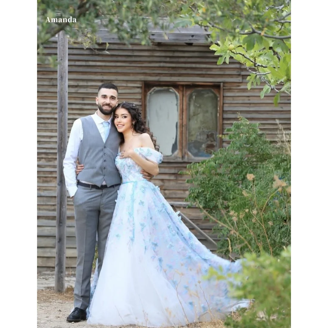 

Amanda Customized Light Blue Pink Ombre Off-the-shoulder Floral Embroidery Prom Dress Tulle Flared Skirt Train vestidos de noche