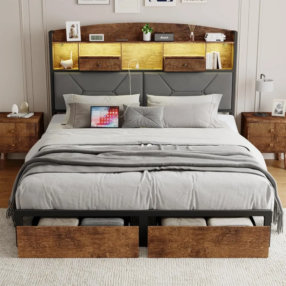 

Full Size Bed Frame with 4 Storage, Upholstered Velvet Platform Bed Frames with Button Tufted Headboard Led Lights