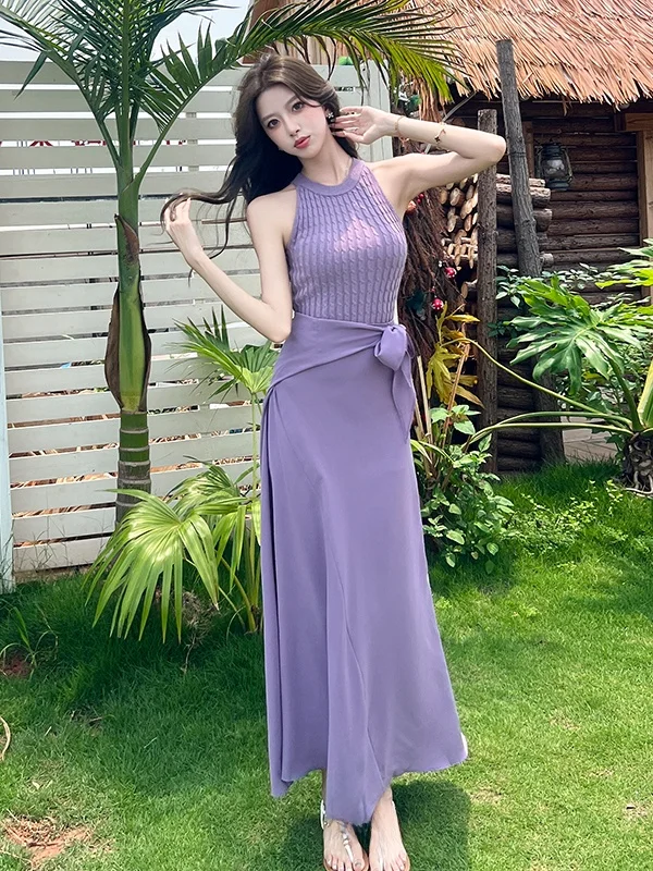 

Новый летний модный комплект 2026: женское фиолетовое платье-жилет без рукавов с завышенной талией в корейском стиле, длинная юбка и топ с круглым вырезом